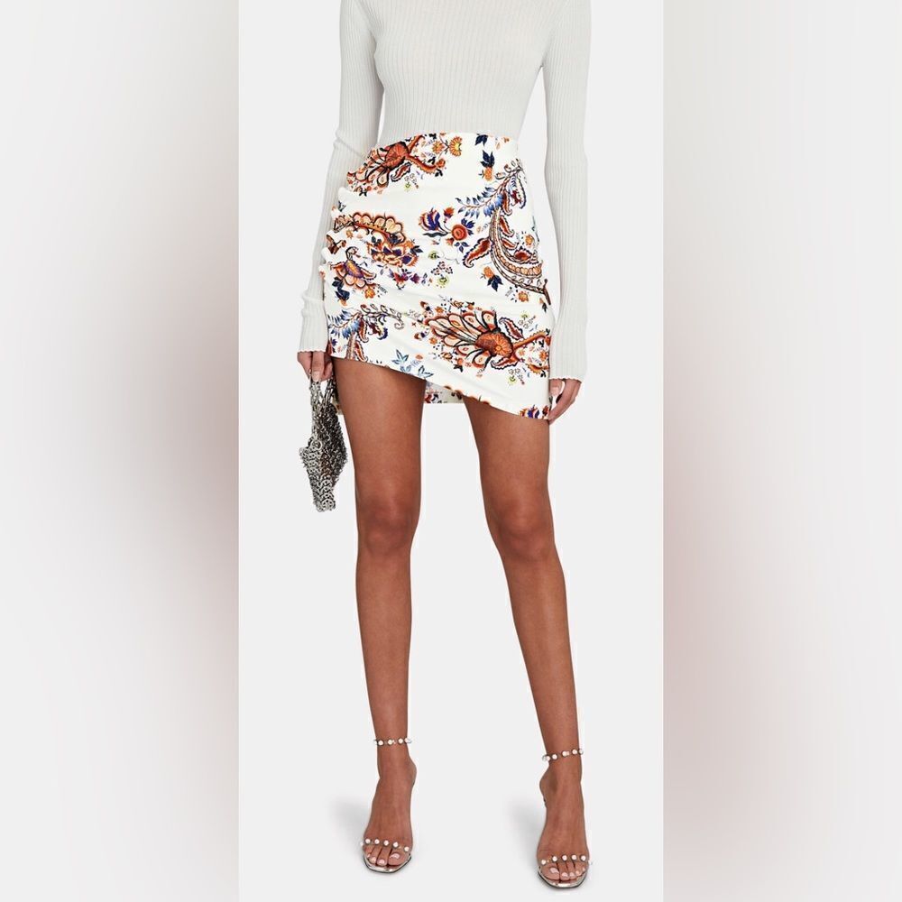 PACO RABANNE Asymmetric Ruched Printed Mini Skirt. White + Multicolor Pattern 00